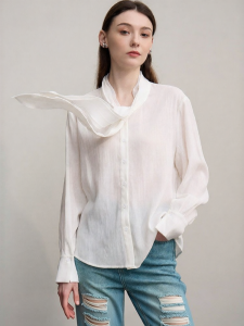 AMII | French Elegant Loose Tie-neck Linen-blend Shirt Autumn