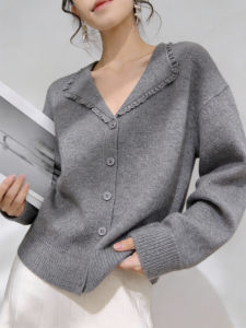 QINGNAER | Elegant French Style Gray Lace Knitted Cardigan