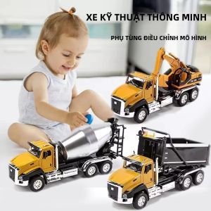 Bộ 3 Xe Công Trình Đúc Kim Loại - Xe Ben Xe Đào Xe Trộn Tỷ Lệ 1/50 Kéo Lùi Đồ Chơi Cho Trẻ Em