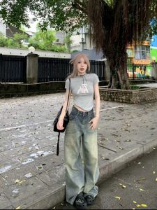 Vintage Grey Short Sleeve T-Shirt for Women Summer Sweet Cool Waist-Cut Dog Print Top American Retro Style round Neck Short Length