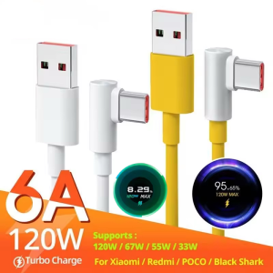 For Xiaomi 120W 67W USB Type-C Cable Turbo Charge L Shaped 90 Degree 6A Elbow Cable For Xiaomi 15 14 Ultra 13T 12 Pro Redmi 14C 13C A3 Note 14Pro 13 Poco X7 Pro F6 Pro For Phone Tablet Laptop Fast Charging