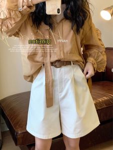 Quần Short Vải Lanh Cotton Màu Be Cạp Cao Mùa Hè Mỏng Quần Ống Rộng Năm Phần Quần Dài Thường Ngày Chữ a