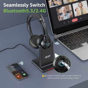 Acer | Acer Call Center Wireless Headset with Mic for Work 2.4G USB Dongle Bluetooth 5.3 Dual Mode Headphones ENC Clear Calls HB02