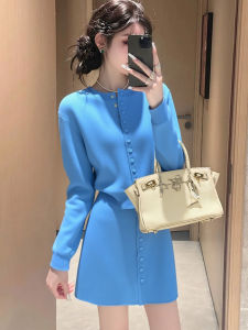 SHANGSHA | Autumn Elegance Comfortable Petite Blue Knit Dress Set