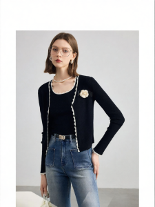 FAMANXUAN | French Style Black Elegant Knit Cardigan Womens V-neck Sweater
