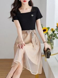 Elegant French Style Square Collar Midi Dress Womens Fashion Butterfly Knot Belted Skirt Short Sleeve High Waist A-Line Gown
