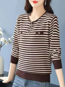 Spring Autumn Thin Knitted Top Womens V-neck Patterned Loose Long Sleeve Base Shirt Korean Style Comfortable Soft Flexible