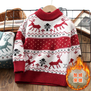 Áo Len Dệt Kim Dày Màu Đỏ Cho Bé Trai Áo Len Cổ Cao Lót Lông Cừu Thời Trang Cho Trẻ Em Mùa Đông Ấm Áp Thoải Mái