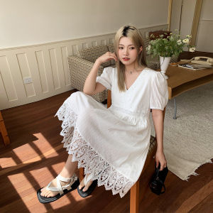 Elegant French Lace Dress Womens Summer plus Size Skirts Cotton Rayon Short Sleeve V Neck Gown Crystal Label DADATATA