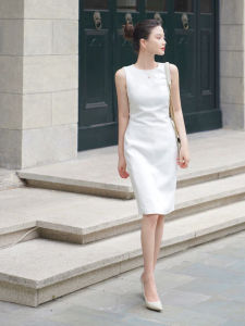 Elegant White Sleeveless Womens Dress Slimming Simple Commute OL Skirt High Waist Zipper round Neck S-Shape Bodycon Mid-length