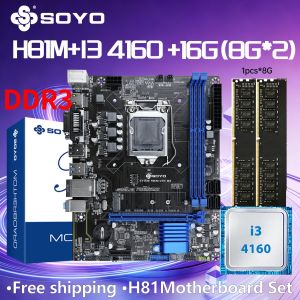 SoYo | H81M Motherboard SOYO DDR3 I3 4160 CPU LGA1150 RAM 16GB(8G*2)M.2 VGA HDMI RJ45 PC Gaming Mainboard PCIE4.0X16 COM SATA3.0