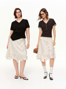 DUSHU | Spring Irregular Hem Dotted Half Skirt High Waist Commuter
