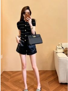 YUEZHONGWEI | Contrast Stripes Coordinated Knit Cardigan High Waist Shorts Set