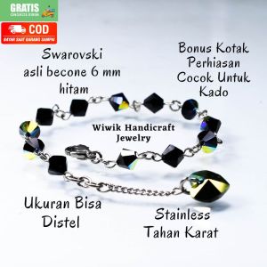 Gelang Tangan Wanita Swarovski Original Bicone 6 mm Hitam Stainless Tahan Karat Kado Hadiah Terbaru