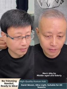 KEQIAO | Full Hand-tied Light Breathable Realistic Male Full Wig for Bald Head with White Hair