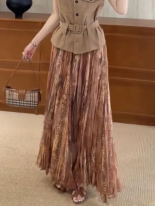 MANMI | Vacation Style Brown Floral Printed Womens Skirt High Waist Long Flowy