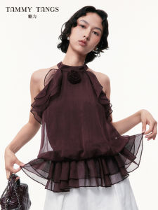 TAMMY TANGS | Coffee Brown 3D Rose Flowy Ruffled Sleeveless Halter Chiffon Shirt