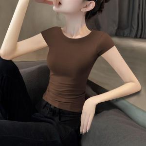 เสื้อยืดคอกลมแขนสั้นทรงสลิมฟิตสำหรับผู้หญิงในช่วงฤดูร้อนปี 2025 เสื้อแขนสั้นทรงสลิมฟิตเอวเข้ารูปบางๆ แฟชั่นเสื้อผ้าทำงานสไตล์เกาหลี