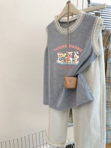 Pure Cotton Sleeveless Tank Top Womens Loose Unique Summer Fashionable Shoulder Baring Top Korean Style Casual round Neck