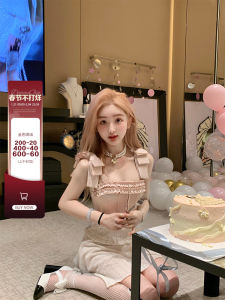 DOGGYQIN Elegant Ruffle Pink Dress Womens Summer Gentle Short Skirt High Waist A-Line Silhouette Sleeveless Zipper Closure