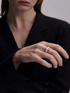 Handmade Pure Silver Double Ring Open Adjustable Wrapped Line Minimalist New Chinese Style High-End Feeling Fashion Jewelry