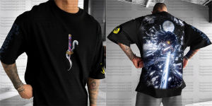Bandai | Oversized Black Cotton T-Shirt Demon Slayer Tanjiro Back Print Blue Lightning Sword Yellow Eyes Starry Moon Sleeve Logo
