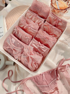 สีเกฟรุ๊ตกางเกงในลูกไม้ซีทรูสีชมพูมีเชือกผูกสายเล็กเซ็กซี่เอวต่ำผ้าซาติน