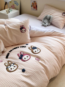 Pure Cotton Flannel Bedding Set Four Pieces New 2025 Cartoon Style Student Dormitory Three Pieces Towel Embroidered Quilt Cover