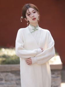 เสื้อคาร์ดิแกนถักยาวแขนยาวสไตล์ชาติพันธุ์ ชุดกี่เพ้า ผ้าคลุมไหล่ แฟชั่นฤดูใบไม้ผลิและฤดูใบไม้ร่วง เสื้อคลุมยาว