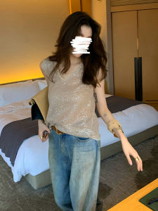 Áo Ba Lỗ Không Tay Màu Vàng Lấp Lánh Cho Nữ Mùa Hè 2025 Áo Ba Lỗ Cổ Chữ V Thời Trang Thường Ngày Cho Nữ