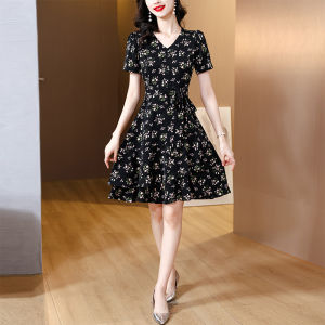 Impression Fashion Women Chiffon Floral V-neck Short Sleeve Cinched Waist A-line Midi Dress