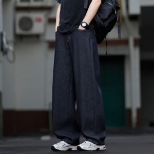 Loose American Retro Blue Jeans High Waist Wide Leg Denim Pants Half Elastic Waistband Casual Vintage Style Jeans