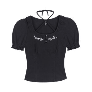 เสื้อแขนพองคอวีสีเข้ม Sagidolls ทรงสลิมฟิต สำหรับผู้หญิงในฤดูร้อน เสื้อยืดคอตตอนผสมโพลีเอสเตอร์ แขนสั้น ระบายอากาศได้ดี