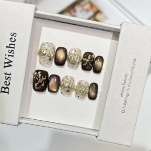 10pcs Cute Glass Bead Cat Eye Short Press on Nail Art Magic Mirror Powder Zircon Diamond Handmade False Nails