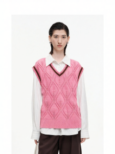 Wool Blend Colorblock Diamond Lace V-Neck Sweater