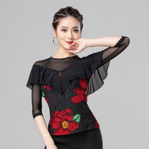 Latin Dance Blouse Rumba Dancing Top Female Ballroom Dance Shirt Modern Dance Waltz Fringe Suit Dance Ruffle Top