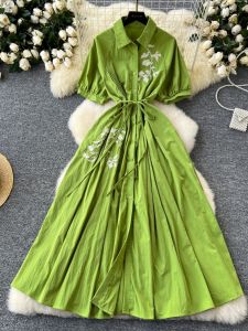 Retro Embroidered Loose Belted Waist Cinching Age-Defying Dress Womens Summer Slimming Shirt Dress Korean Style High Waist
