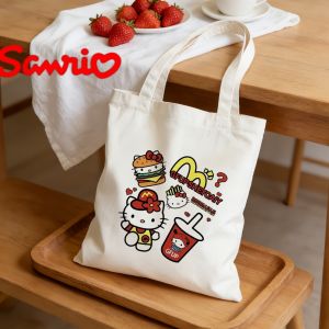 Sanrio | 1PC Sanrio Hello Kitty Canvas Tote Bag Double-sided Fast Food Print Eco-friendly Reusable Shoulder Bag