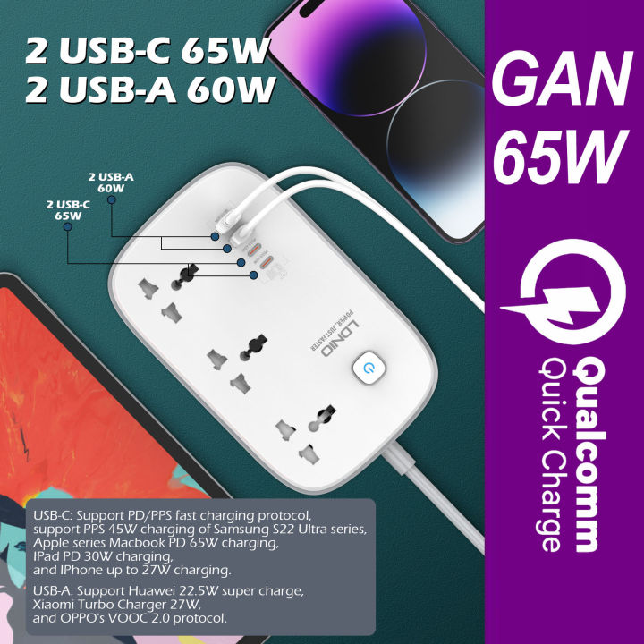 LDNIO 3250W Desktop Super Power Strip 65W GaN Charger Extension