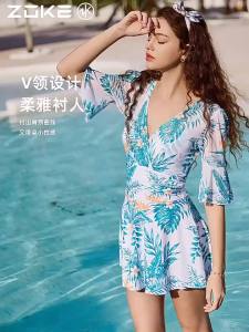 ZOKE | Floral Print V-Neck Large Skirt Hem Mid-Sleeve One-Piece Dress Swimsuit