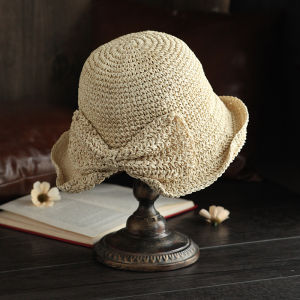 2020Parent-child 100%Raffia Bow Sun Hat Wide Brim Floppy Summer Hats For Women Beach Panama Straw Dome Bucket Hat Shade Hat