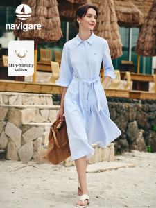 Navigare | Sleeveless Striped Waist-cinching Shirt Dress