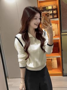 Korean Style High Collar Half Zip Long Sleeve Womens Knitted Top Slimming Base Layer Trendy Chain Detail Casual Wear