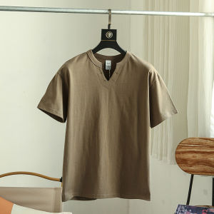 Summer New V-Neck Design Heavyweight Pure Cotton Mens American Retro Casual Versatile Solid Color Short Sleeve T-Shirt Trendy