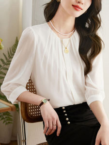 Elegant Womens Chiffon White Shirt Three Quarter Sleeve Ultra Fairy French Style Top Spring Summer New Arrival Straight Cut Fit