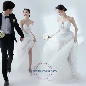 กลางแจ้ง หวาน การถ่ายภาพคู่รัก สีขาว งานแต่งงานหางเดรป เดรส สูง เอว แขนยาวใยสังเคราะห์ ลายดอก ทางการ สวมใส่