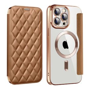 KAKIMI Shockproof electroplated Flip Wallet Cover Leather rhombus Transparent Magsafe Back Cover Phone Case for iPhone 15 14 13 12 Pro Max 14 Promax 13 Promax 15 14 13 Pro 12promax Premium Folio Phone Cases