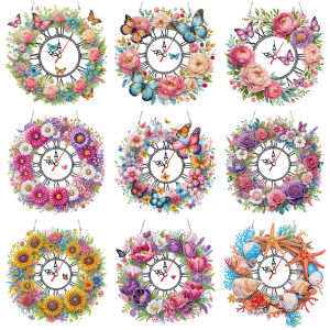 【New Arrival】 Decorative 2D Flat Diamond Painting Wall Clock with Wreath Pattern for Home and Gift Ideas