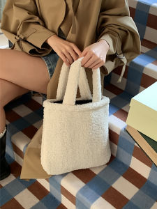Adorable Plush Lamb Fur Handbag Trendy Small Square Bag Soft Handle Tote Bag for Daily Use Youth Friendly Water Washable
