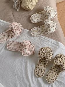 Floral Butterfly Knot Linen Slippers Thin Striped Anti-Slip Bedroom Floor Shoes Womens Home Slippers Absorb Sweat Korean Style